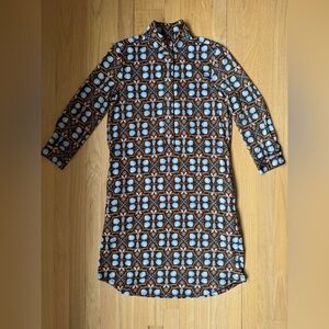 J McLaughlin Berlin Dress with Brown, Orange & Blue motif.  Size XS.